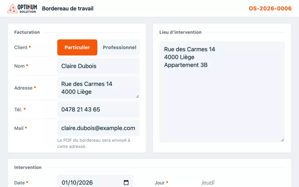 Formulaire du bordereau sur iPad, rempli avec des données fictives