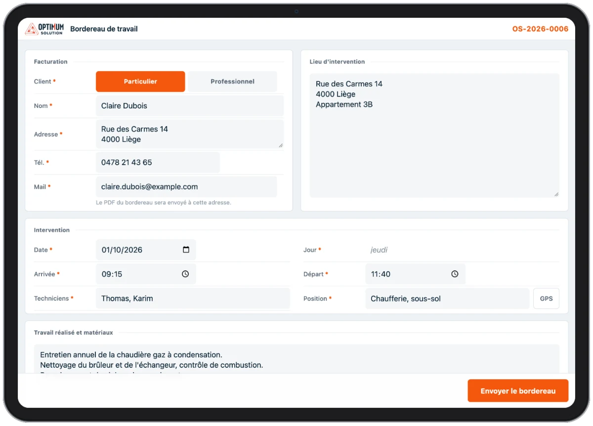 Bordereau d’intervention Optimum Solution sur iPad