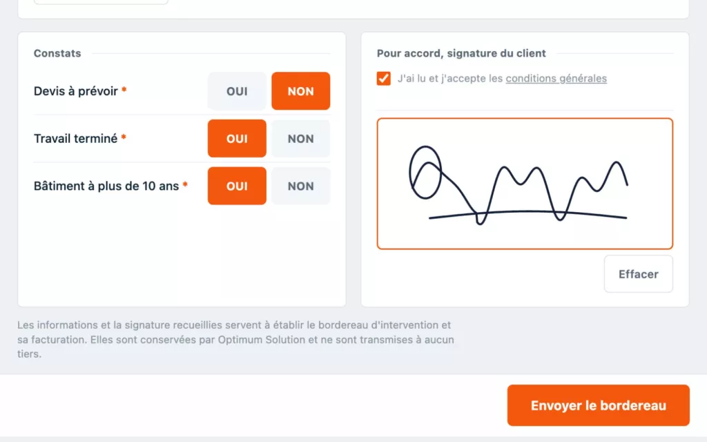 Constats et signature du client sur la tablette