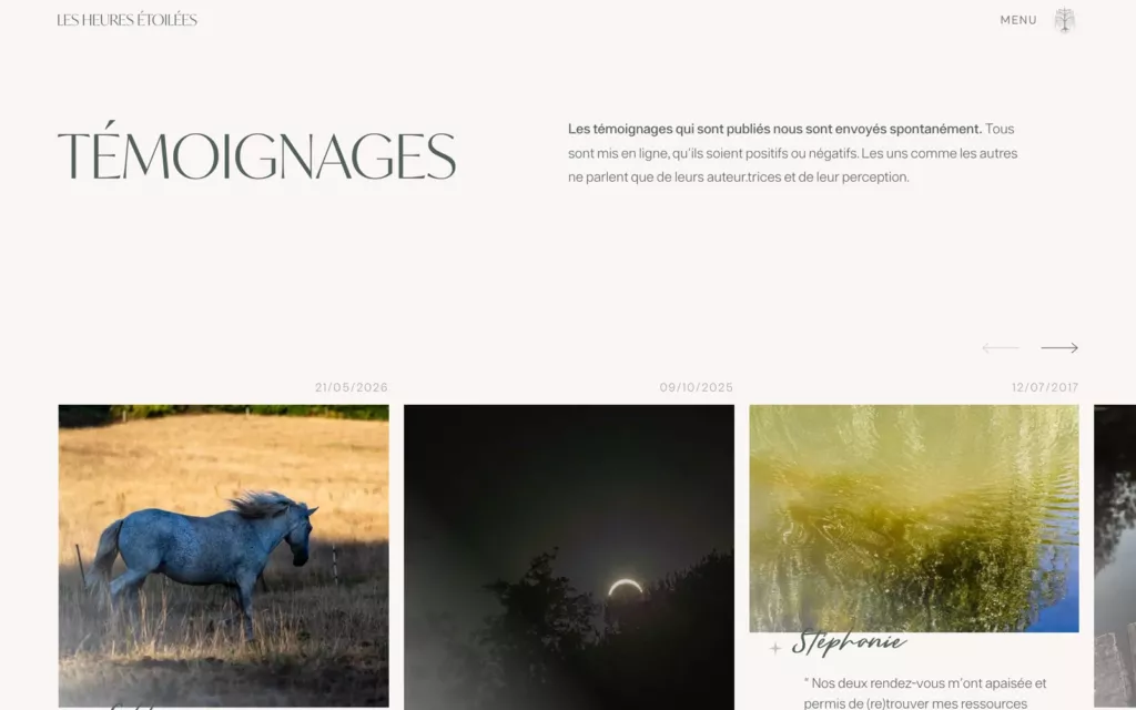 Page Témoignages du site Les Heures Étoilées